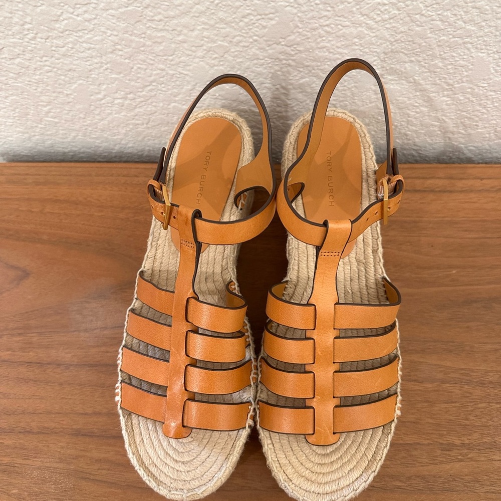 Tory Burch Tan Leather Espadrille Wedge Sandals Platform Gladiator 9.5 - Picture 3 of 8